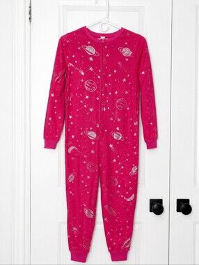 Girl's Onsie/Blanket Sleeper, Hot Pink, Galaxy Theme, Large (10-12)